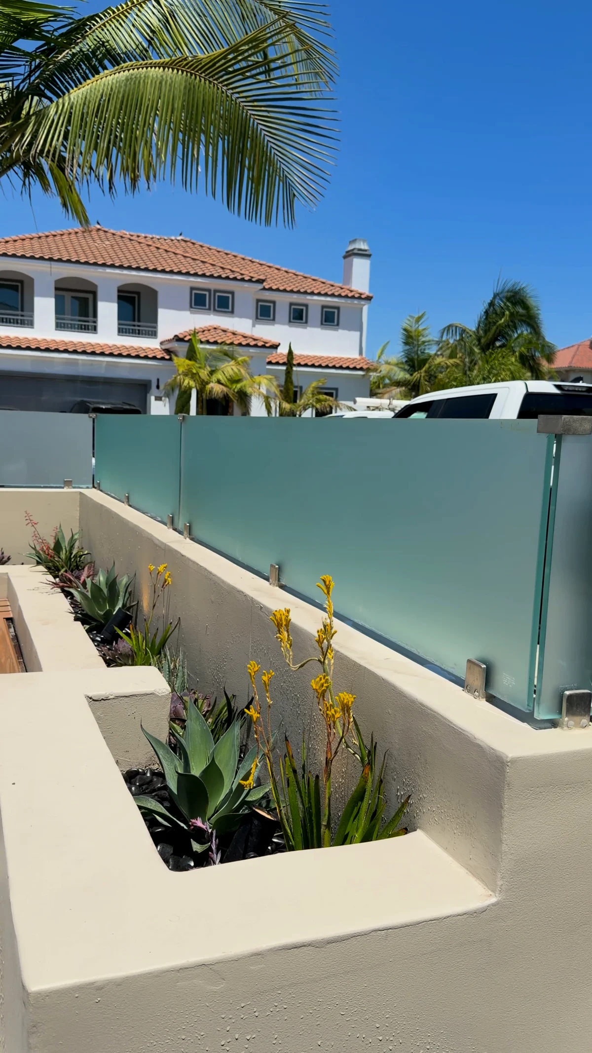 Frosted glass panels on stainless standoffs above a cream stucco planter wall, with kangaroo paw and agave planted in black pebble in front