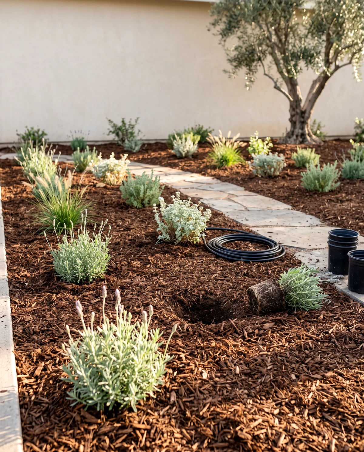 A newly planted bed of widely spaced drought tolerant shrubs and grasses in fresh bark mulch with a flagstone stepping path and a coil of drip irrigation line