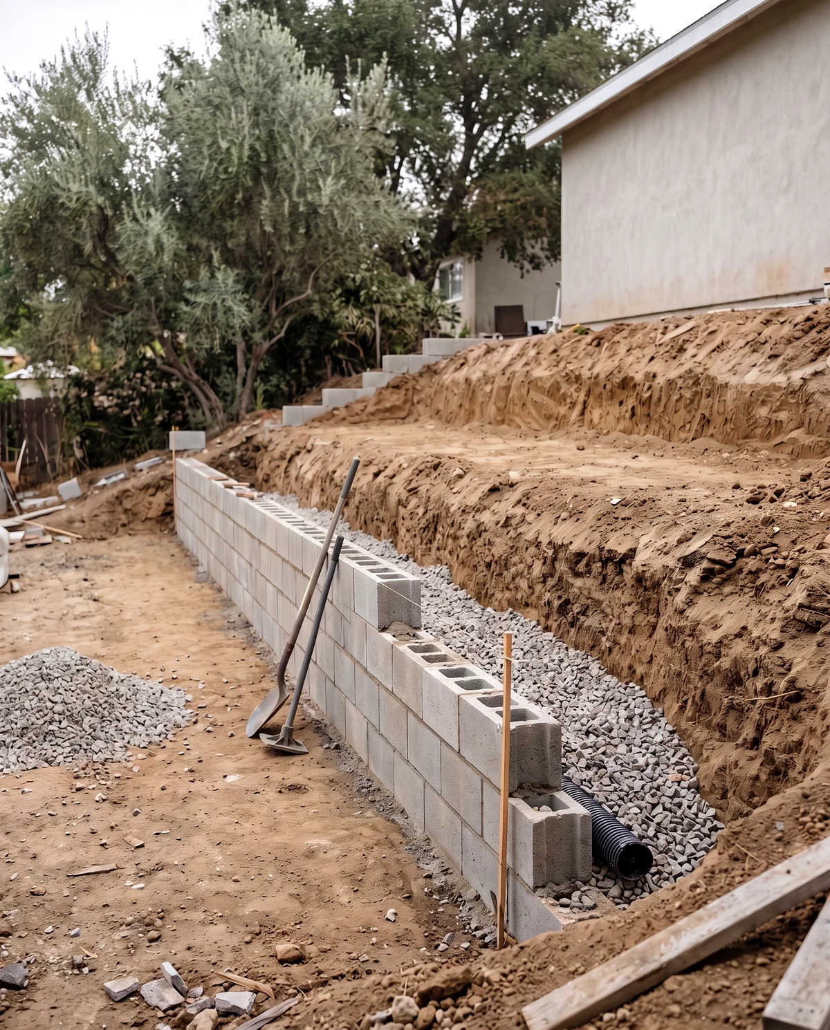 A hillside cut into level benches with a partly built concrete block retaining wall, drainage gravel packed behind it and a perforated drain pipe at the base of the first course