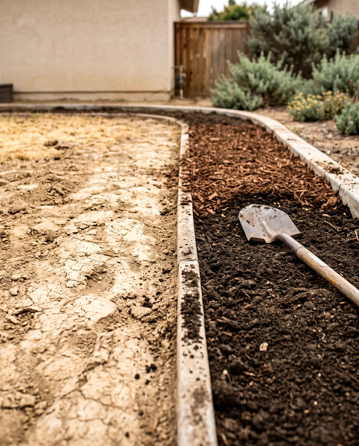 A prepared planting bed with pale compacted ground on one side and dark amended soil with a mulch layer on the other, a spade resting in the worked soil