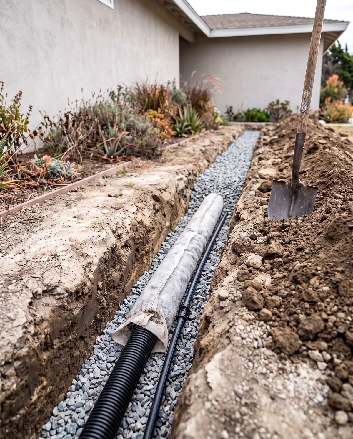An open trench beside a house wall with a perforated drain pipe on a bed of washed gravel, one section sleeved in filter fabric and another already covered with gravel