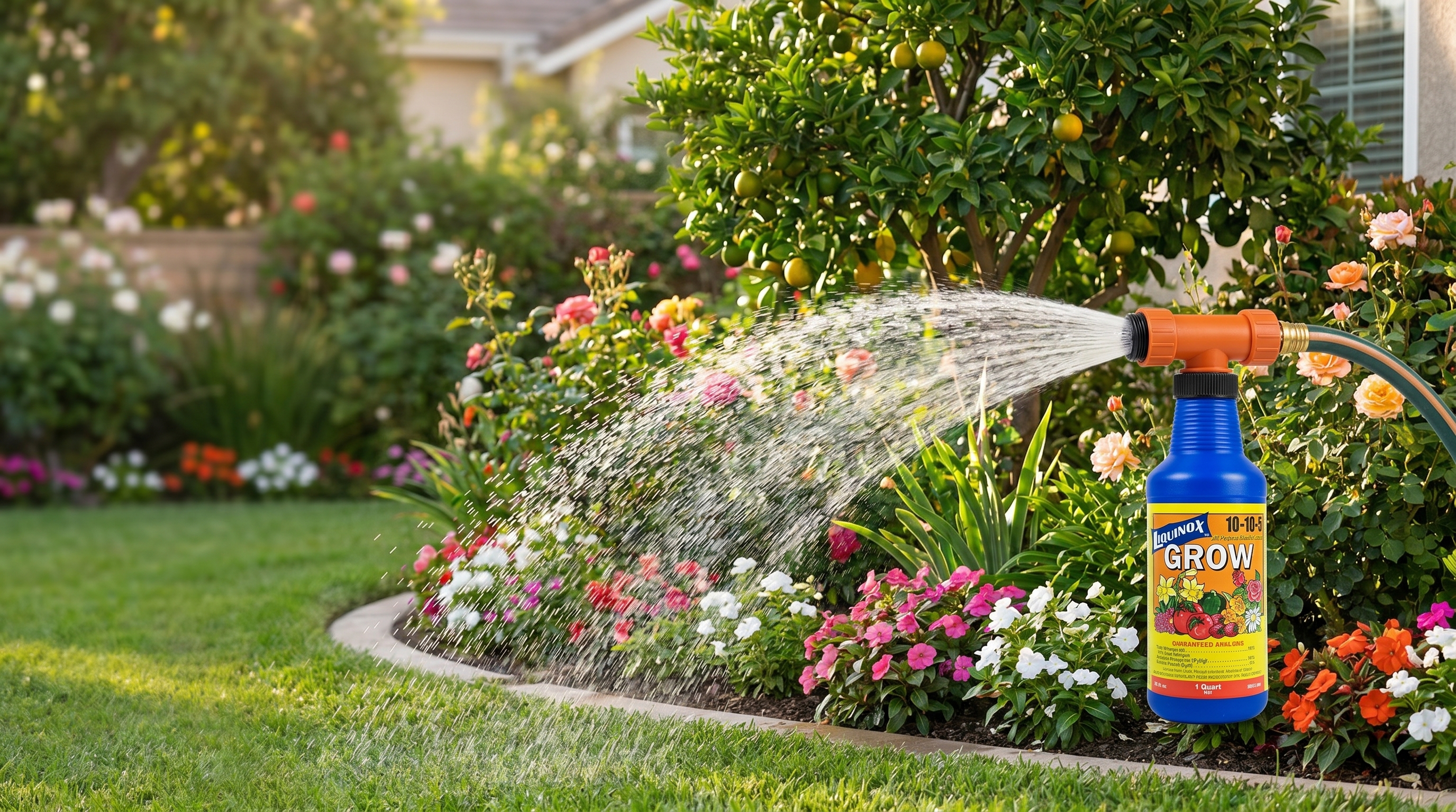 Conceptual Garden Kit Starter scene with a Liquinox Grow quart connected to a hose-end applicator