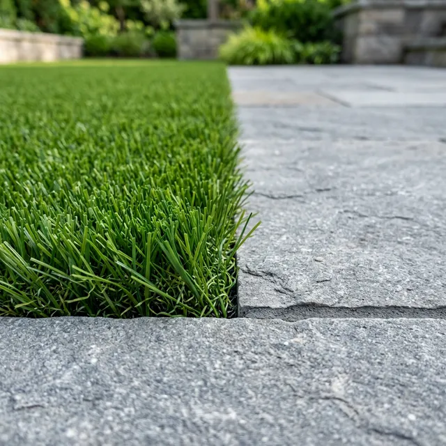 Realistic artificial turf lawn installed with clean edges in a modern backyard