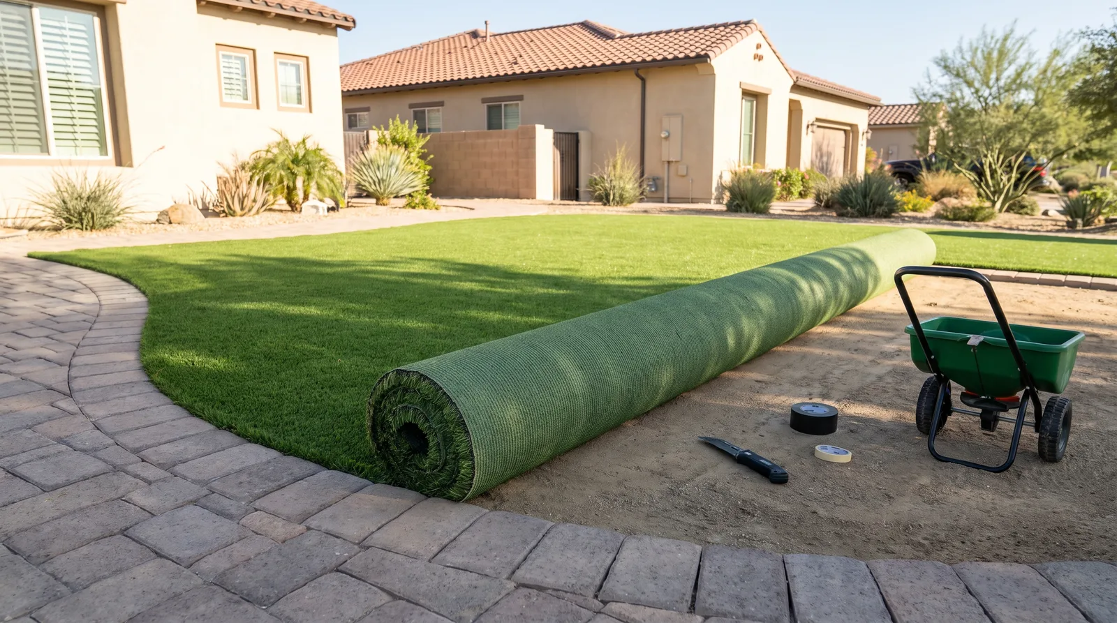 Artificial turf being fitted against a paver border during installation