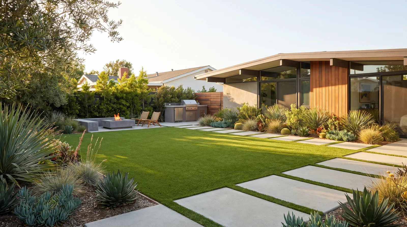 Finished backyard with realistic artificial lawn bordered by pavers and drought-tolerant planting