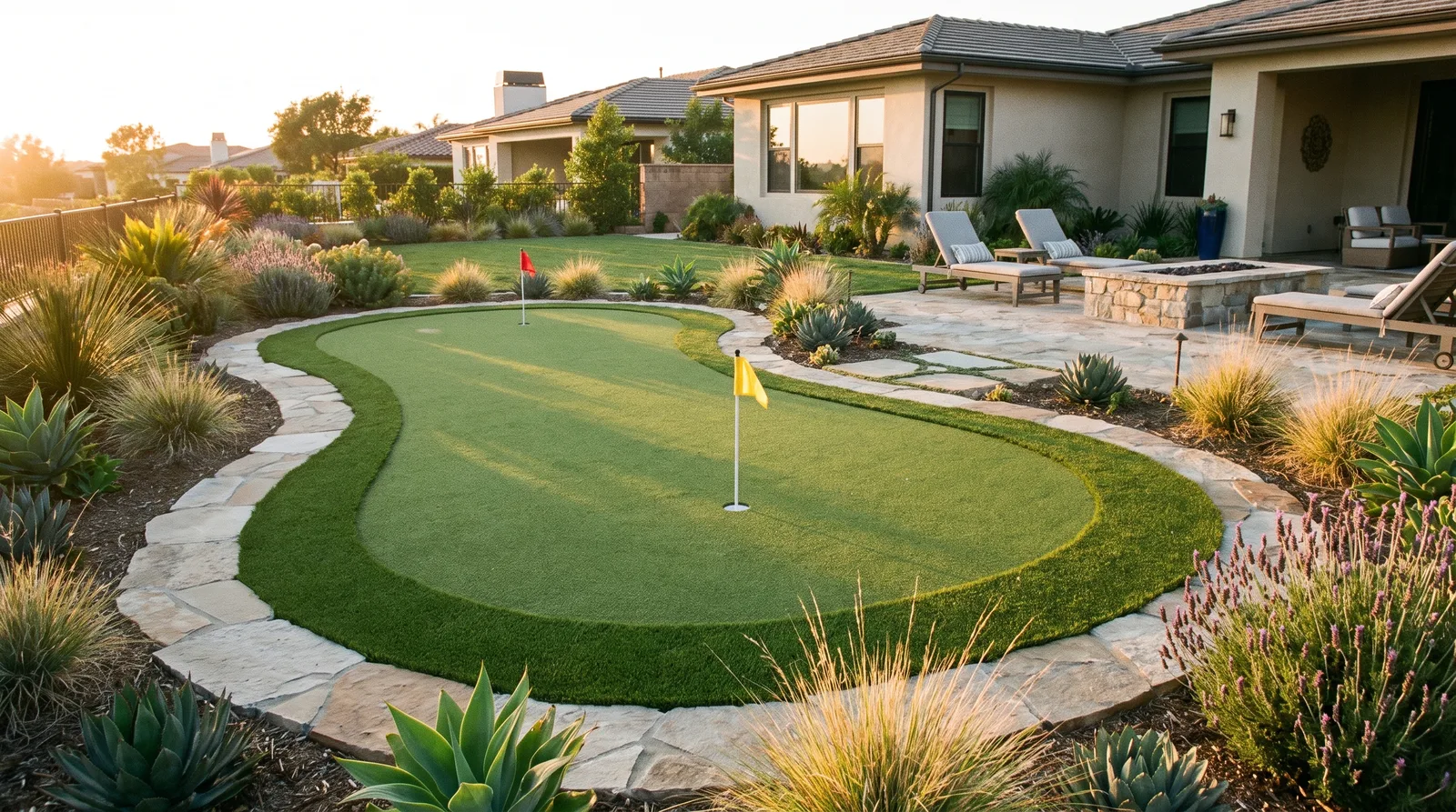 Backyard putting green in artificial turf with stone edging at golden hour
