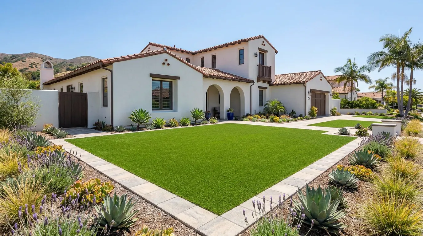 Completed artificial turf lawn project at a Spanish colonial Orange County home