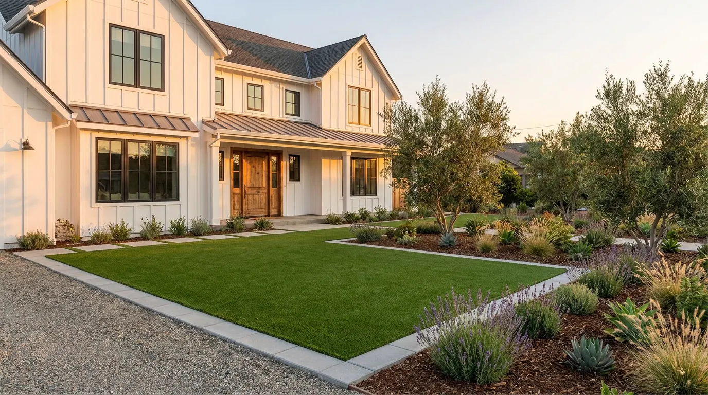 Completed artificial turf lawn project at a modern farmhouse style home at golden hour