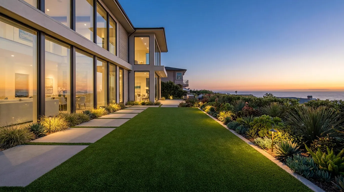 Completed artificial turf lawn project at a contemporary coastal home at dusk