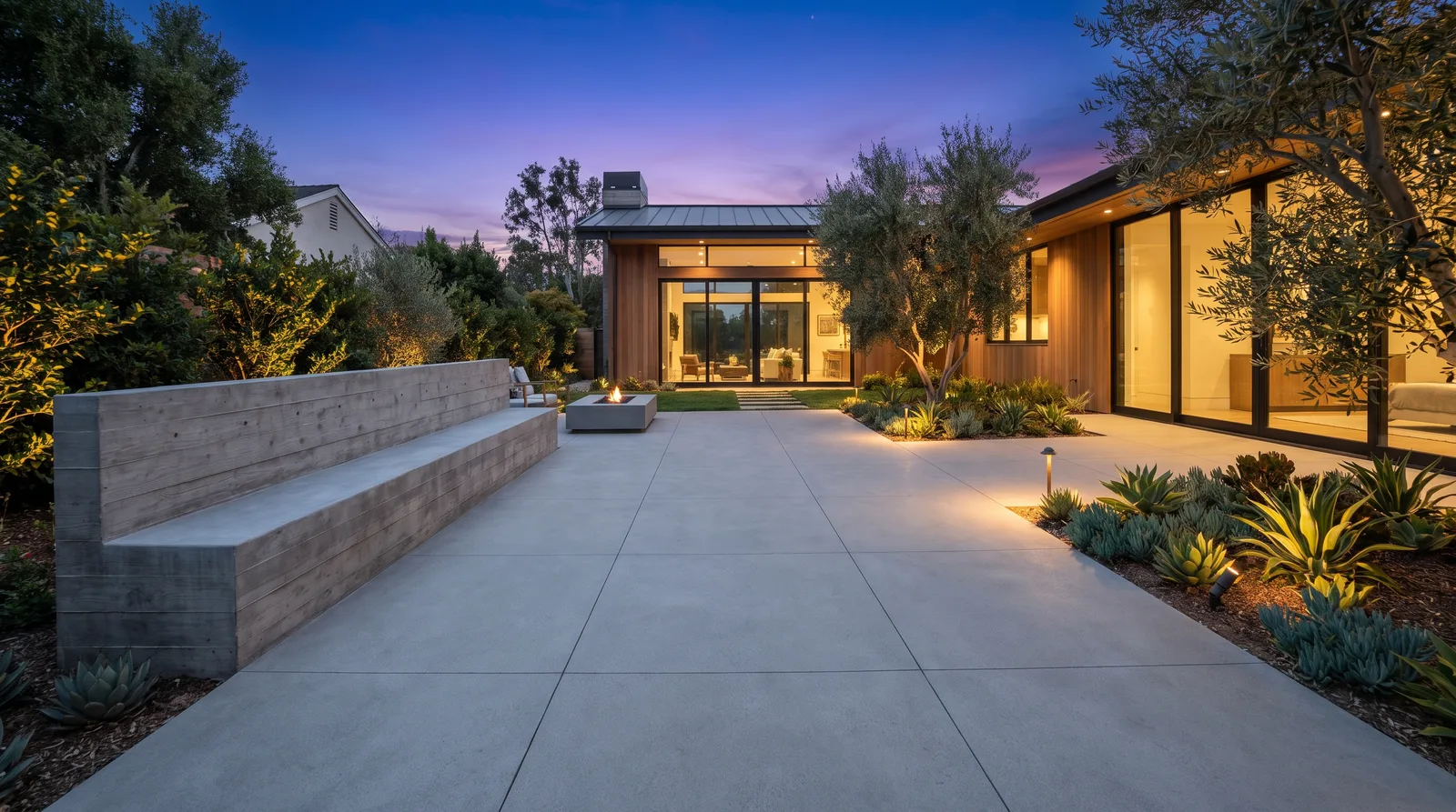 Freshly finished smooth concrete patio with clean control joints and a board-formed seat wall at dusk