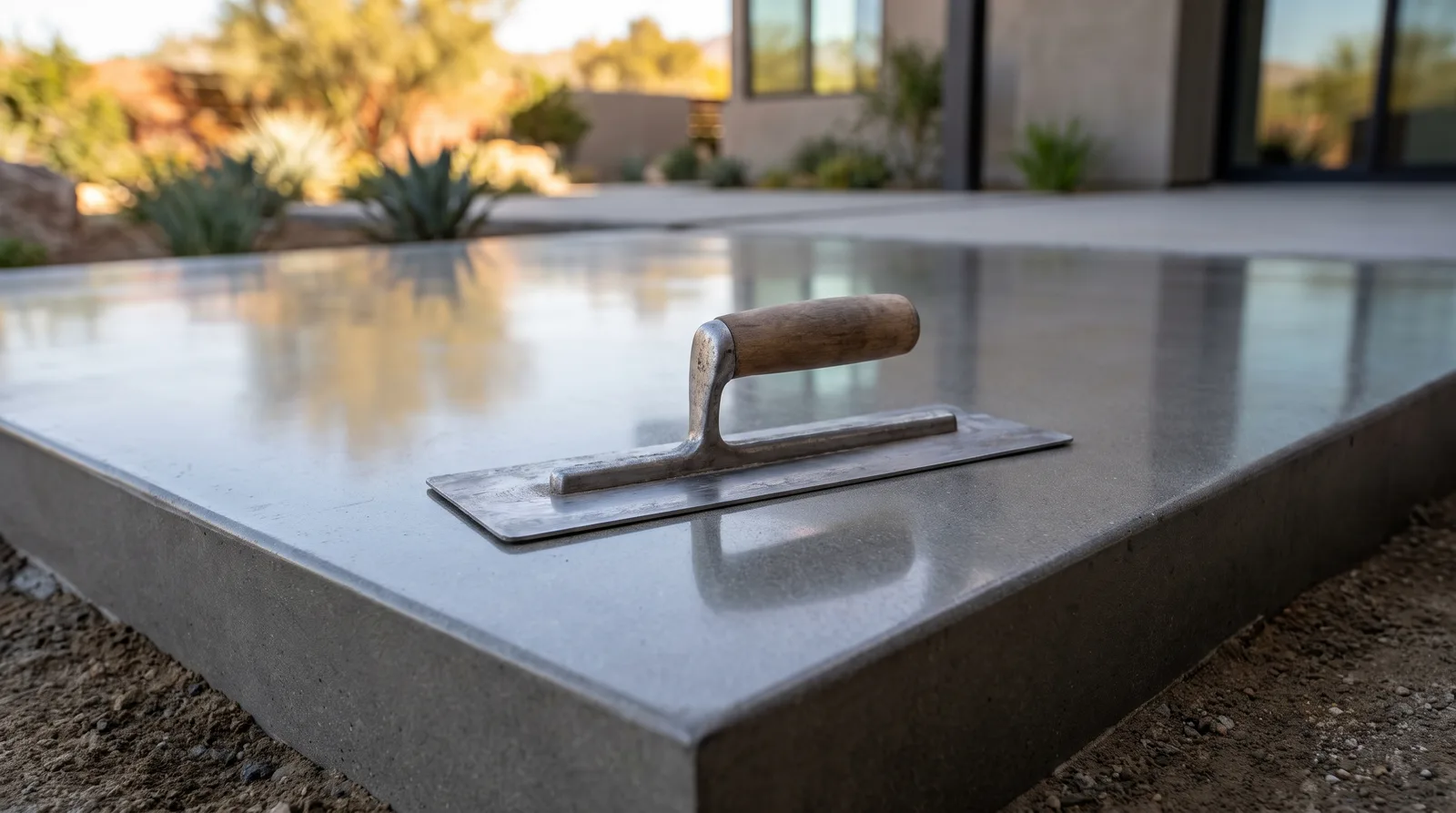 Steel trowel resting on freshly finished concrete with crisp edge forms