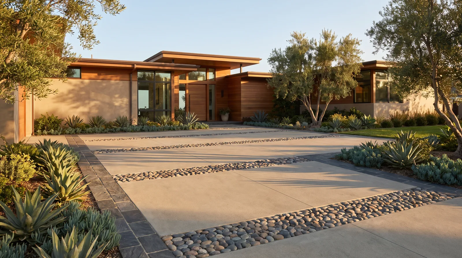 Decorative concrete driveway with exposed aggregate bands and paver border
