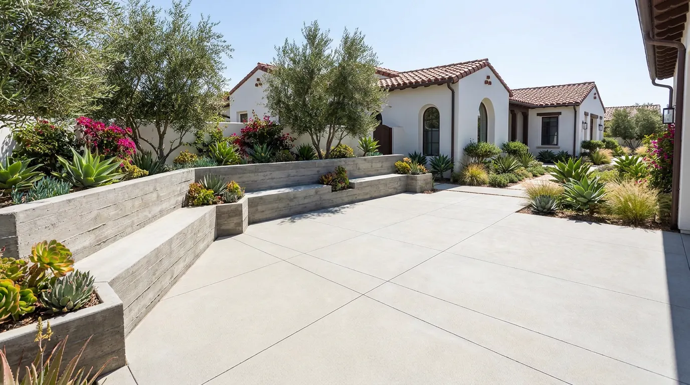 Completed concrete patio project at a Spanish colonial Orange County home