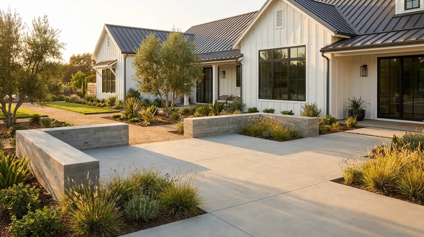 Completed concrete patio project at a modern farmhouse style home at golden hour