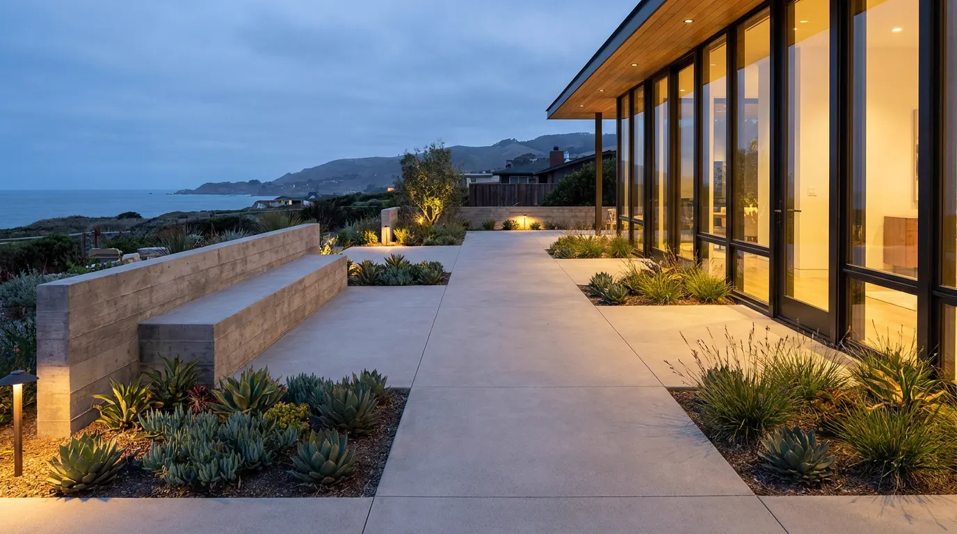 Completed concrete patio project at a contemporary coastal home at dusk