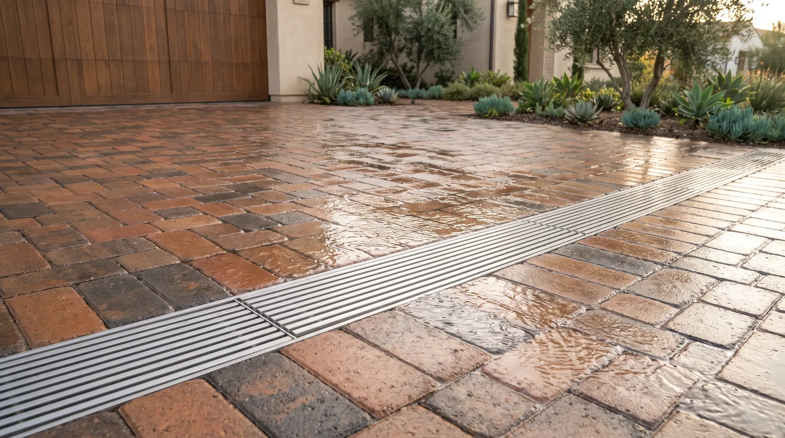 Channel drain grate set flush across a paver driveway threshold in the rain