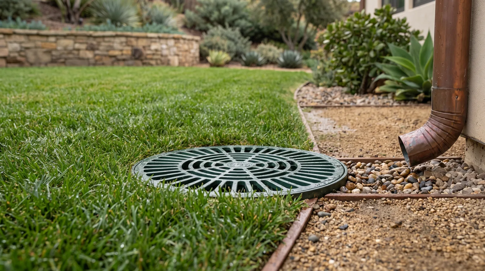 NDS catch basin grate set neatly in a lawn near a downspout tie-in