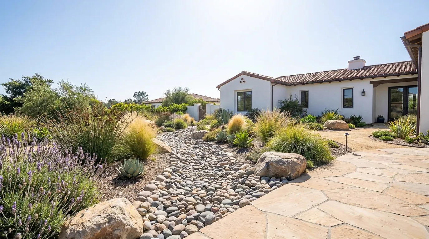 Completed dry creek drainage project at a Spanish colonial Orange County home