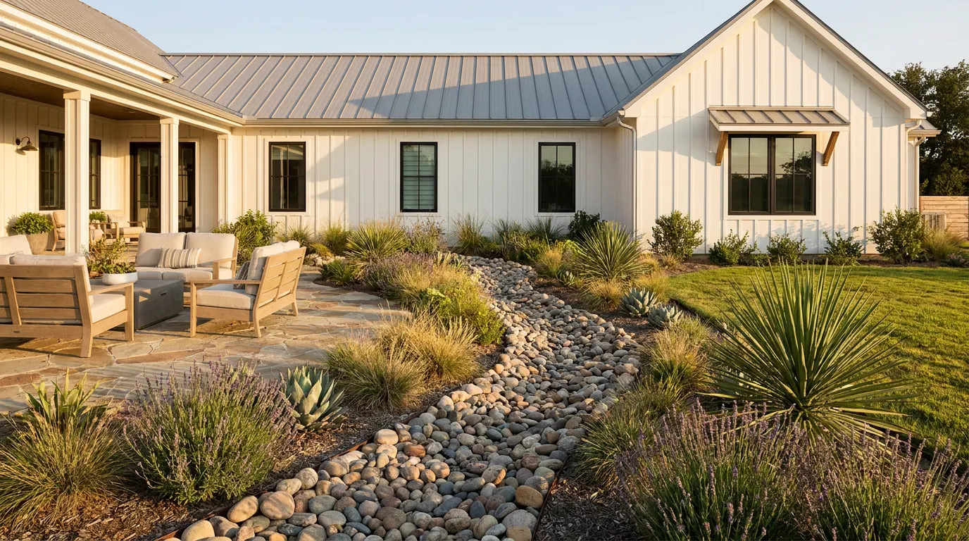 Completed dry creek drainage project at a modern farmhouse style home at golden hour