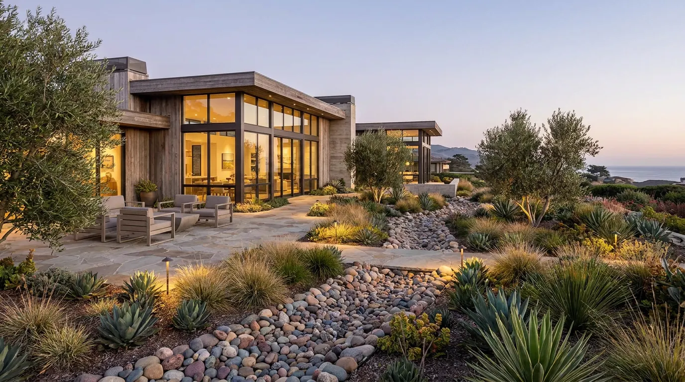 Completed dry creek drainage project at a contemporary coastal home at dusk