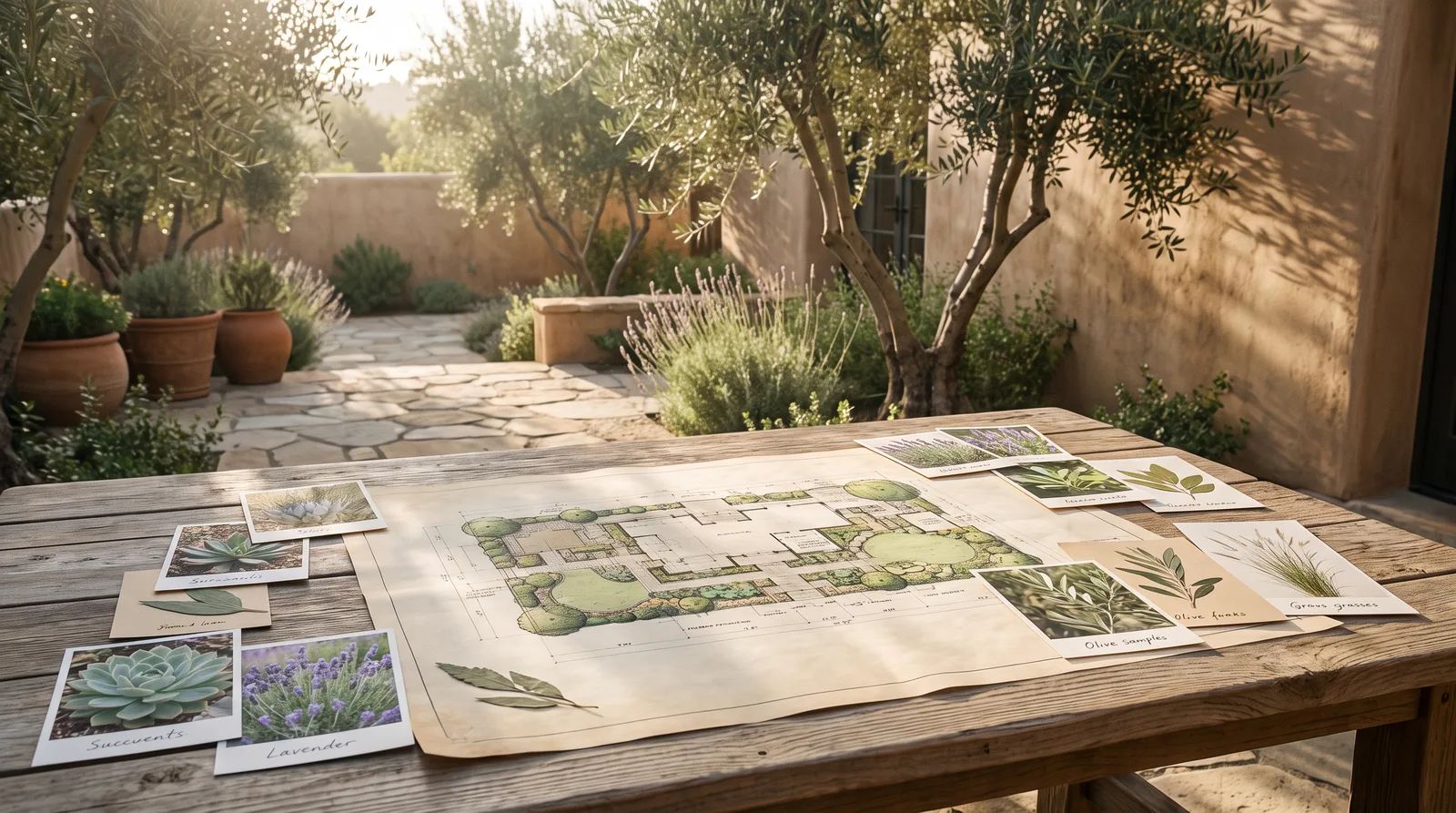 Landscape master plan and plant palette samples on a table in a garden courtyard