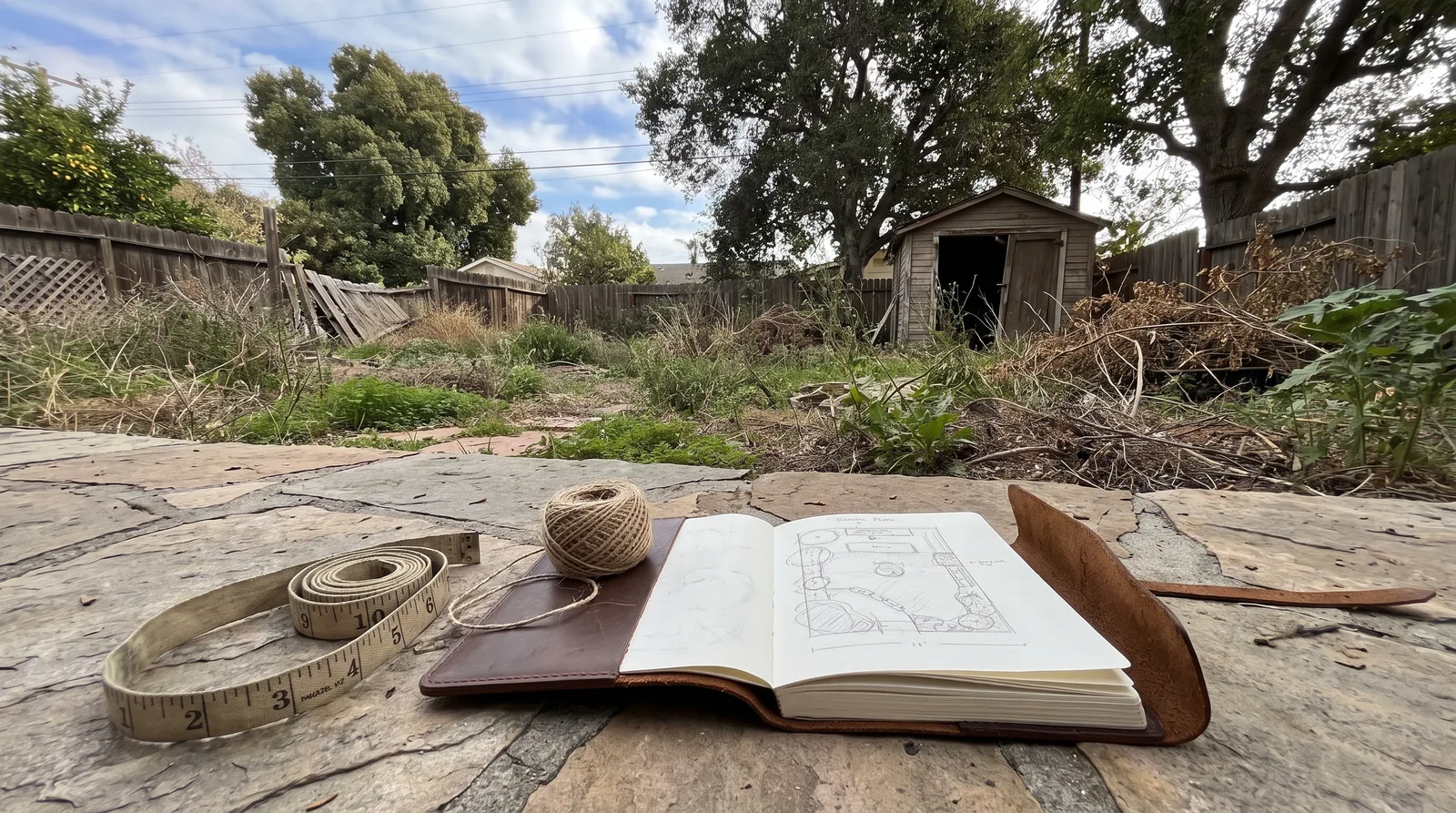 Measuring tape and site sketchbook on flagstone during an on-site consultation