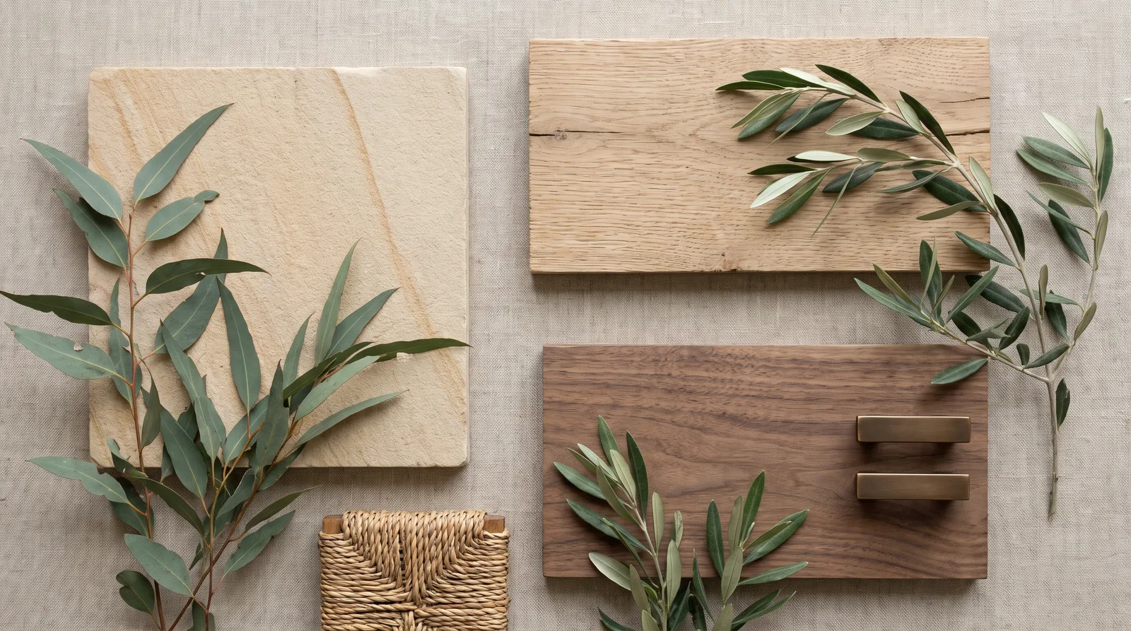 Material moodboard with stone, wood, and foliage samples for a landscape concept