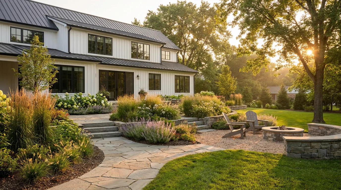 Completed designed backyard project at a modern farmhouse style home at golden hour