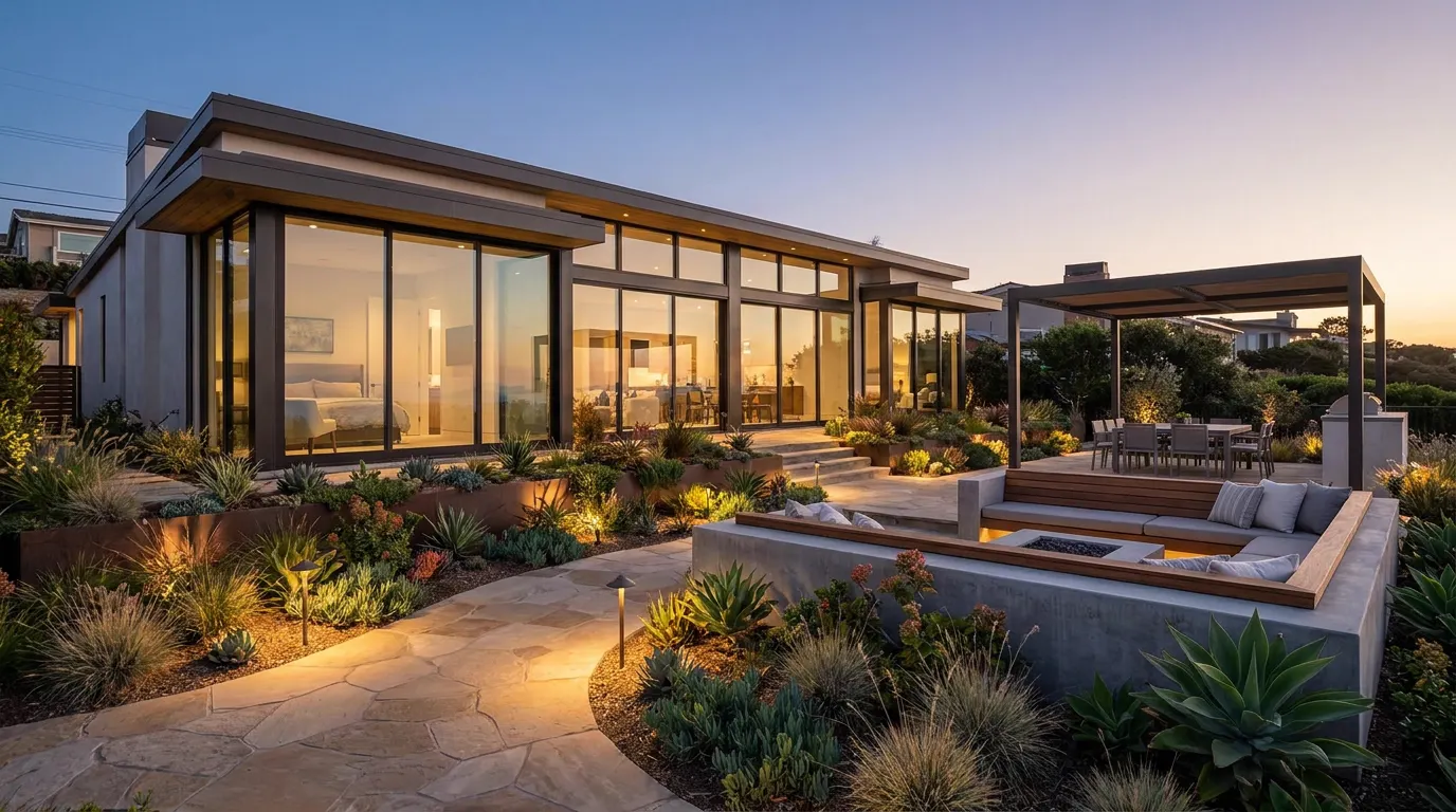 Completed designed backyard project at a contemporary coastal home at dusk