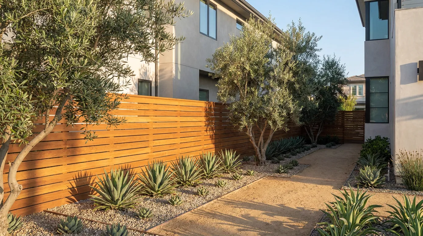 Modern horizontal wood privacy fence at a premium Orange County home