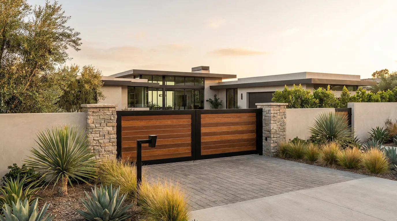 Automated steel and wood driveway entry gate with stone pillars at a modern estate