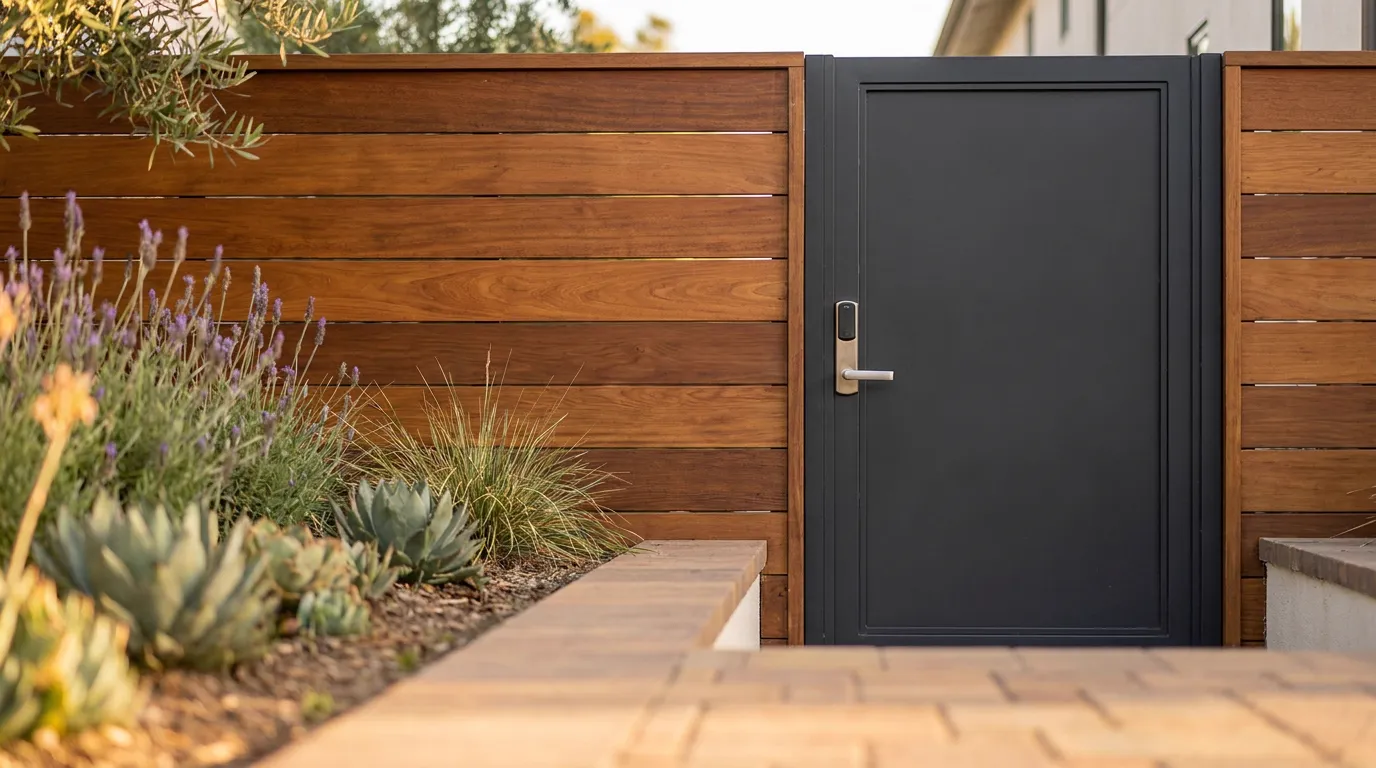 Horizontal fence boards meeting a steel pedestrian gate with sleek hardware