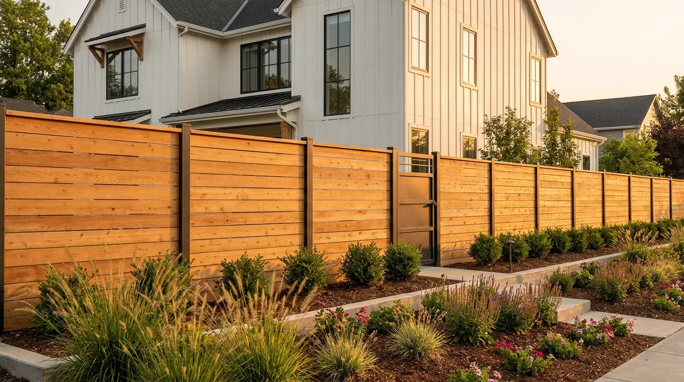 Completed fence and gate project at a modern farmhouse style home at golden hour