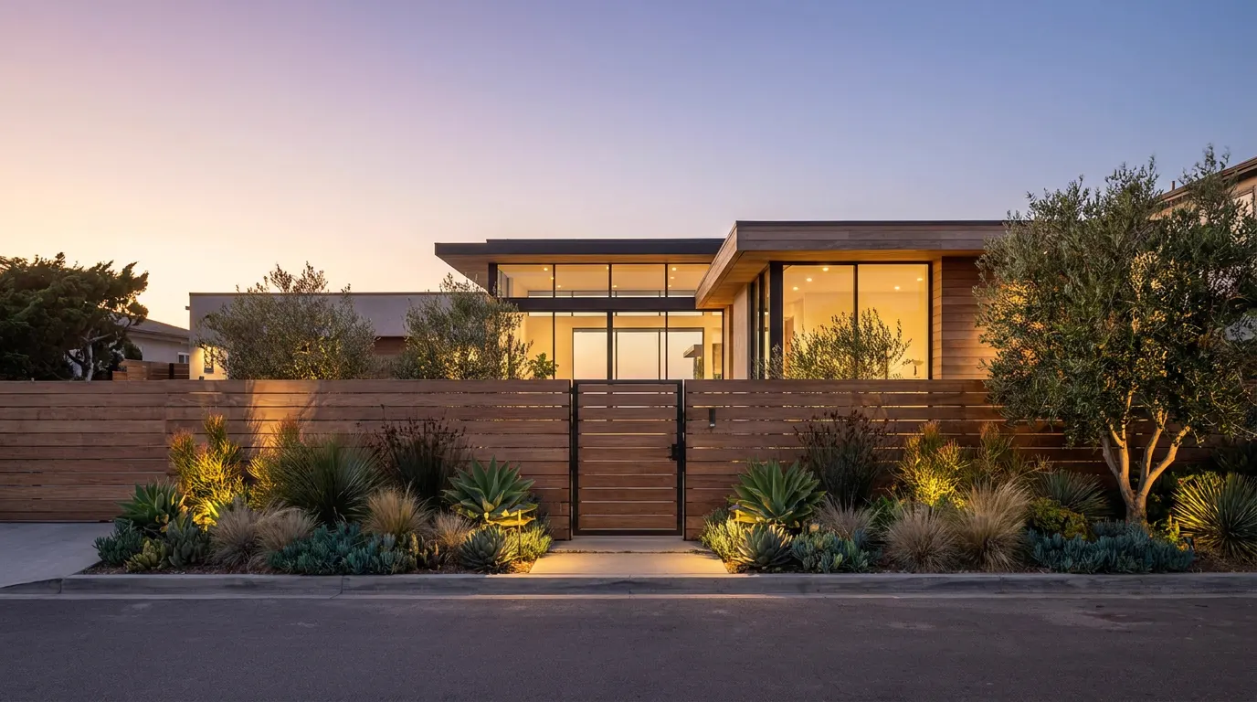Completed fence and gate project at a contemporary coastal home at dusk
