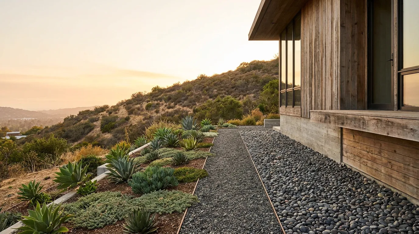 Fire-smart defensible space landscaping at a California hillside home