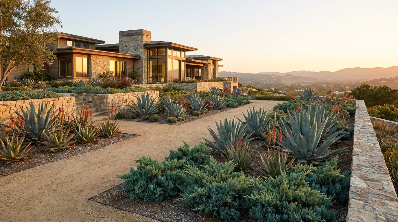 Fire-wise garden with agave and low-resin evergreens spaced in decomposed granite