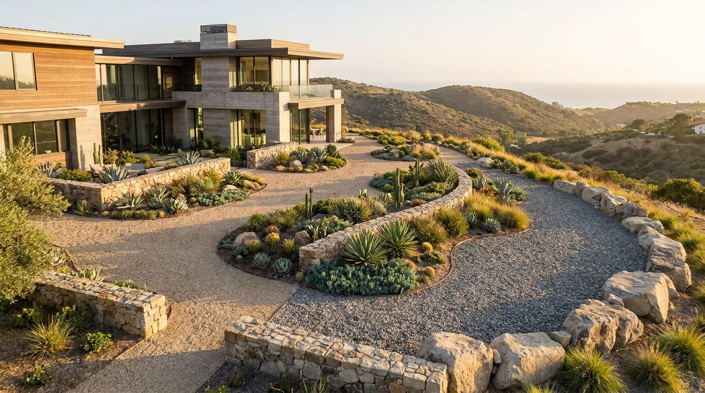 Designed fire-resistant landscape with gravel ground plane and stone hardscape buffers at a hillside home