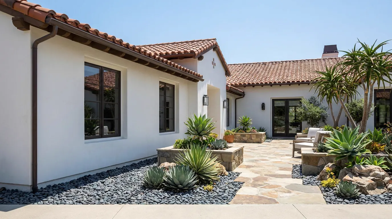 Completed fire-smart defensible space project at a Spanish colonial Orange County home