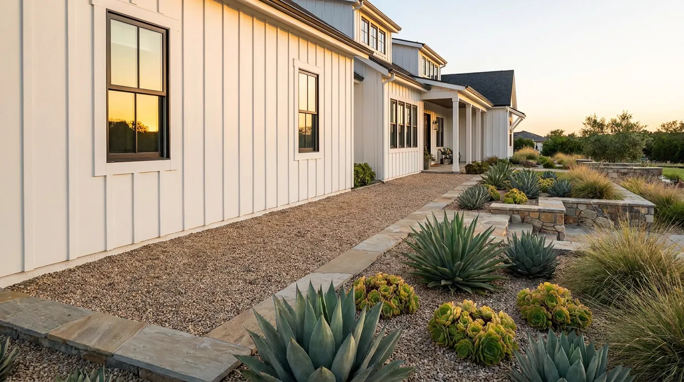 Completed fire-smart defensible space project at a modern farmhouse style home at golden hour