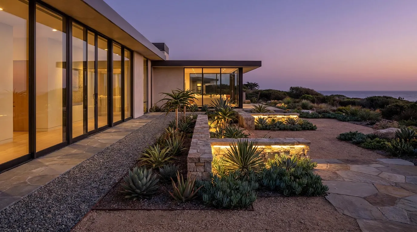 Completed fire-smart defensible space project at a contemporary coastal home at dusk