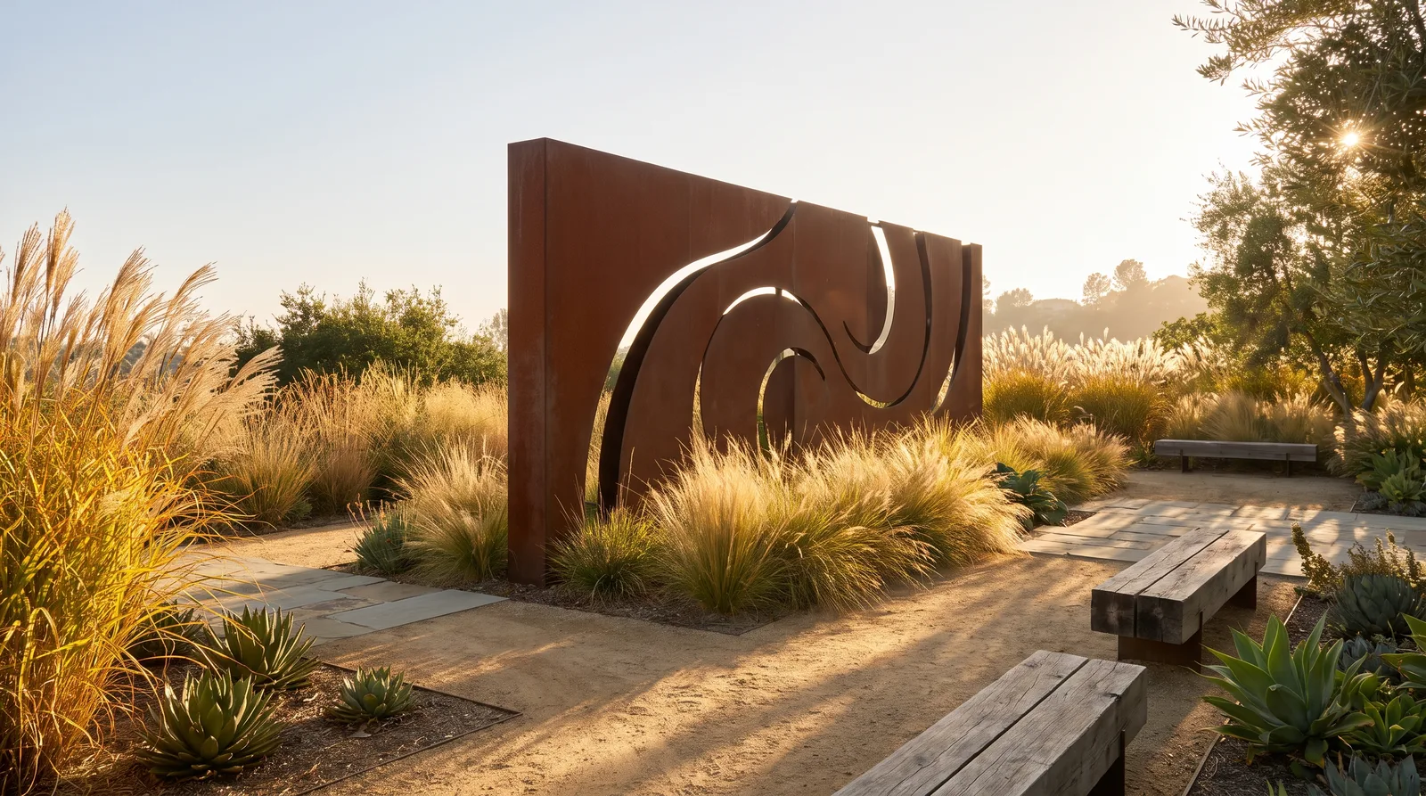 Sculptural corten steel garden feature among ornamental grasses in late light