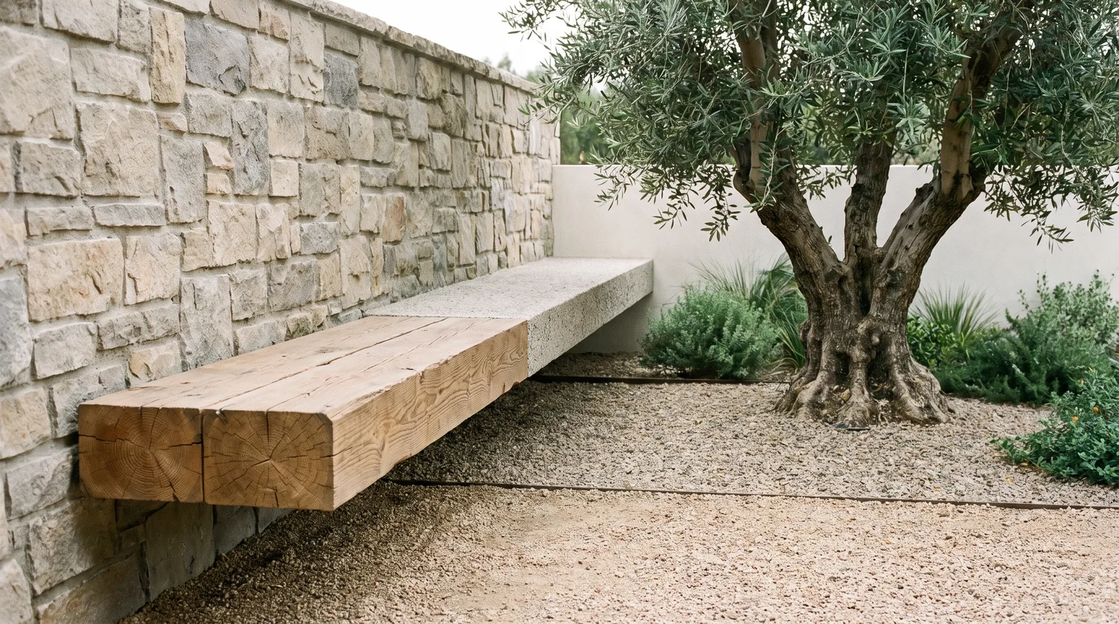 Custom concrete and wood floating bench over a gravel garden with an olive tree