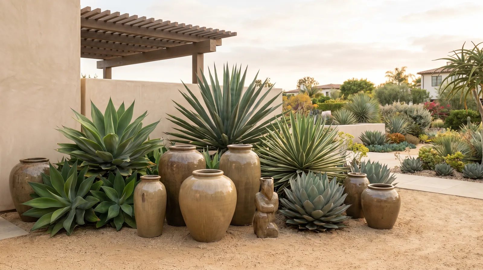 Glazed ceramic vessels grouped as garden art on a decomposed granite terrace