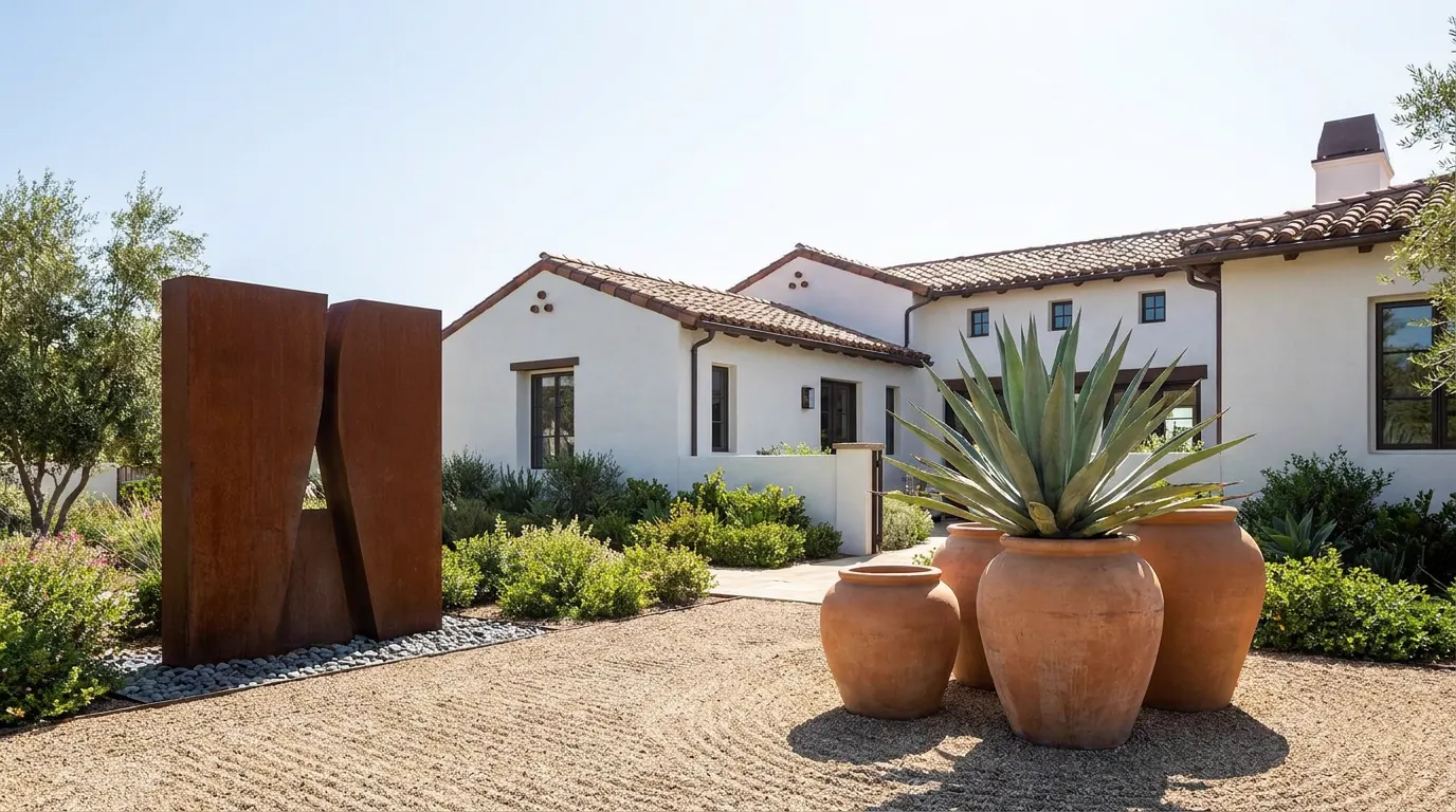 Completed signature garden feature project at a Spanish colonial Orange County home