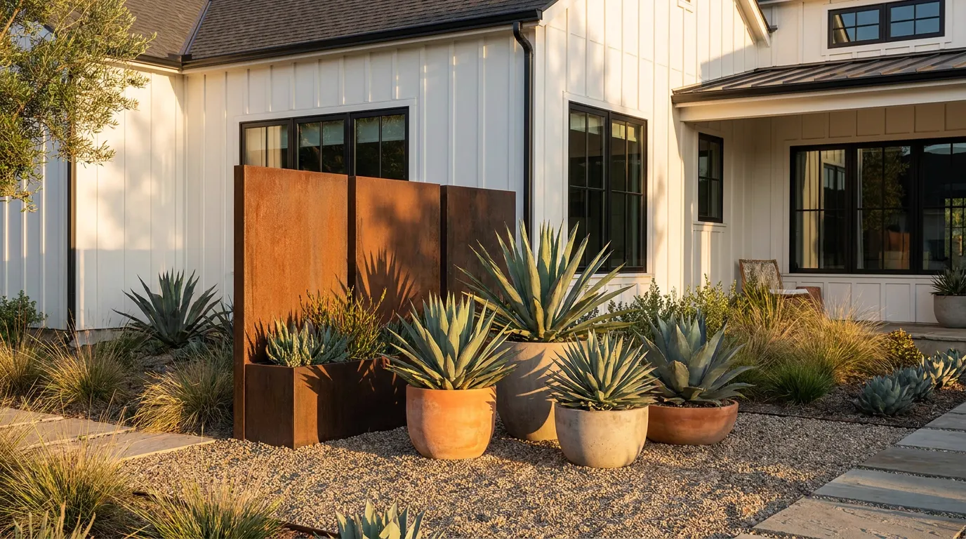 Completed signature garden feature project at a modern farmhouse style home at golden hour