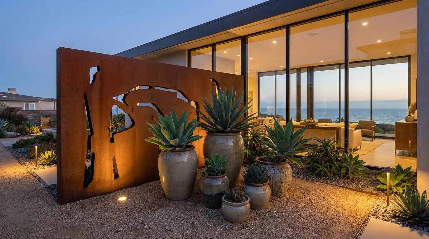 Completed signature garden feature project at a contemporary coastal home at dusk