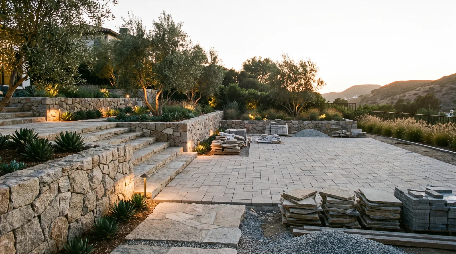 Terraced backyard with natural stone retaining walls, wide steps, and a paver terrace at dusk