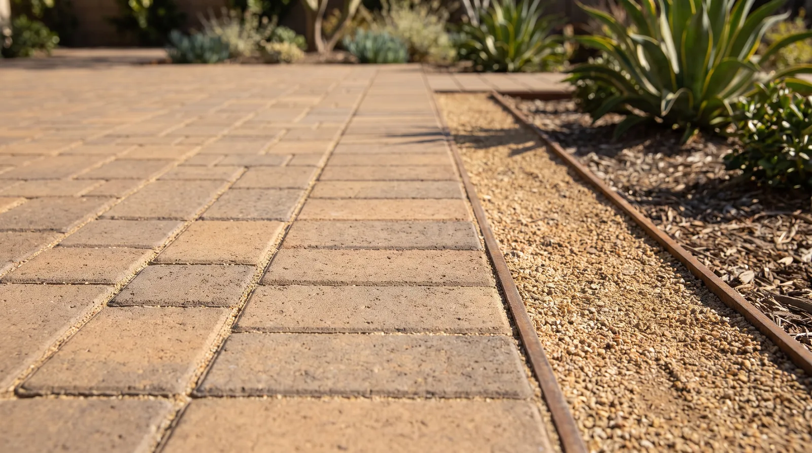 Close-up of precision paver joints and soldier-course border with steel edge