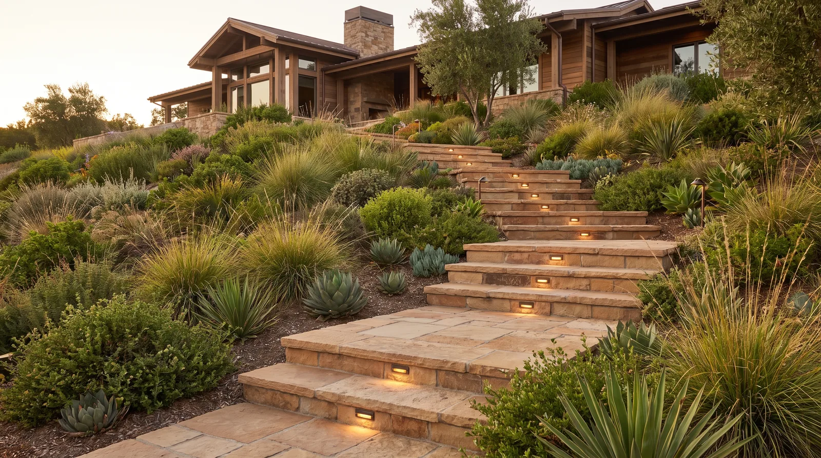 Stone steps with integrated low-voltage step lights on a planted slope