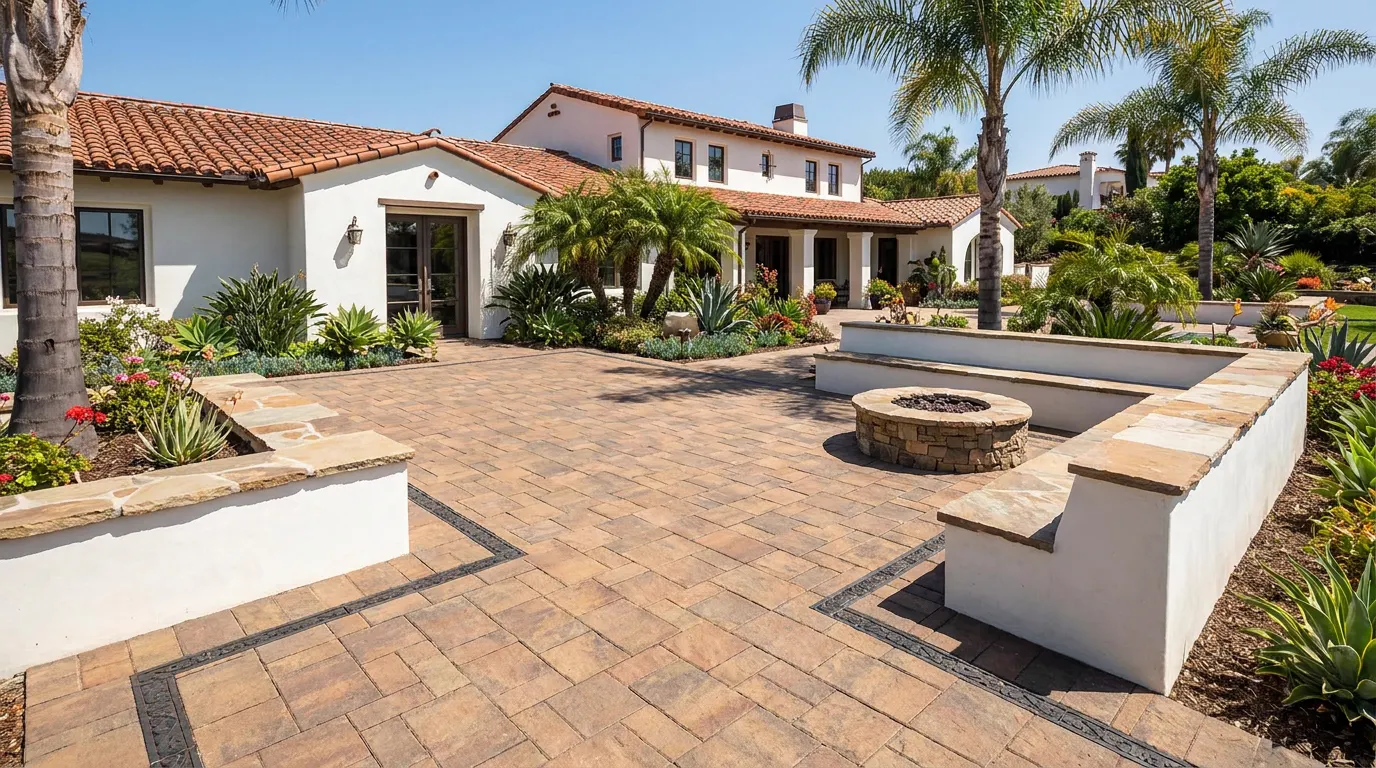 Completed paver patio and fire pit project at a Spanish colonial Orange County home